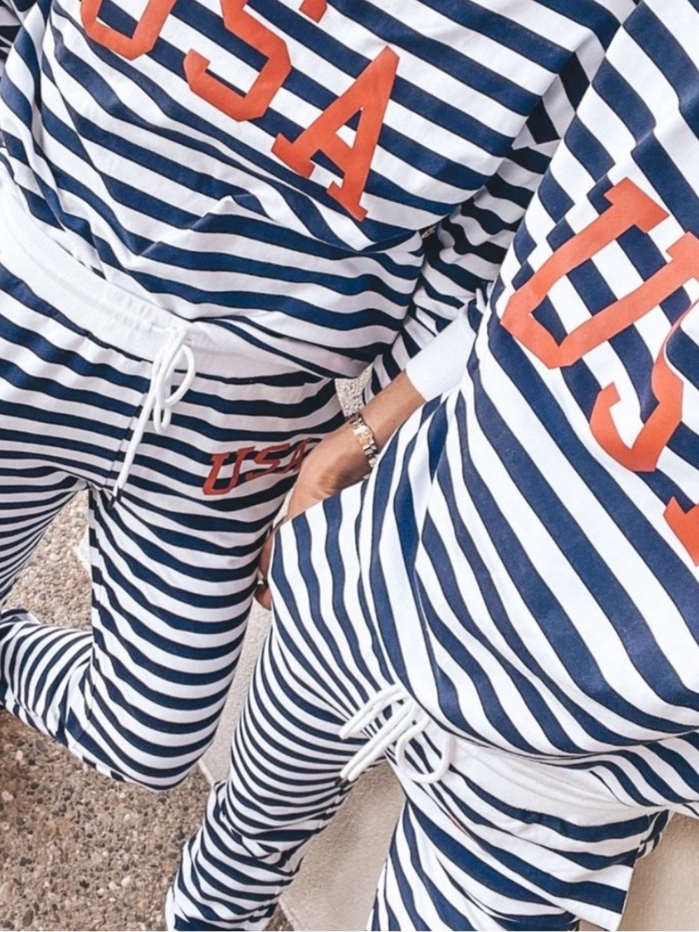 Navy & White Striped Jogger Pants with Red USA Accent